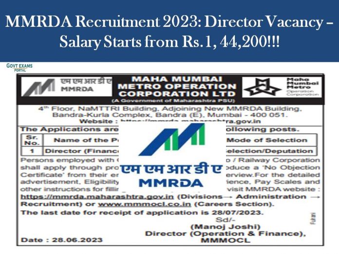 MMRDA Recruitment 2023: Director Vacancy –Salary Starts from Rs.1, 44,200!!!