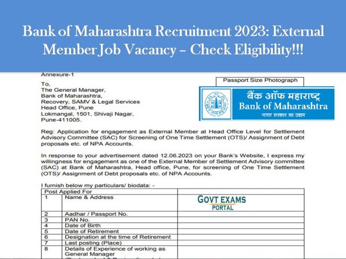 Bank of Maharashtra Recruitment 2023: External Member Job Vacancy – Check Eligibility!!!