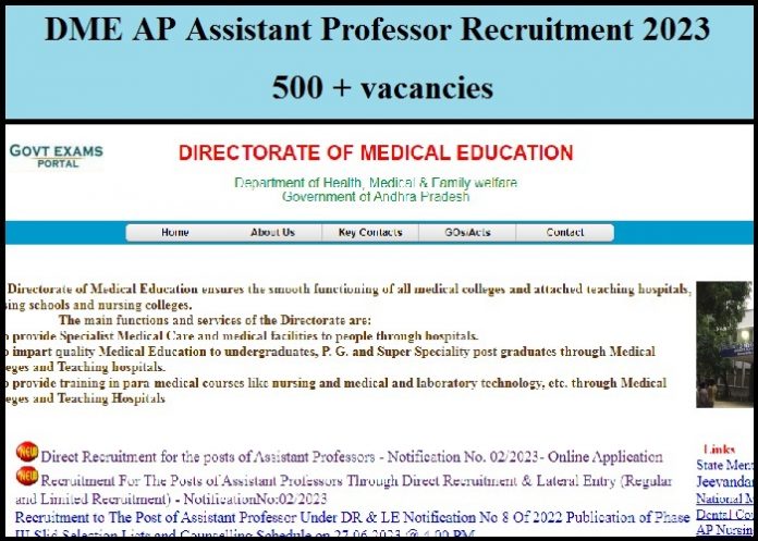 DME AP Assistant Professor Recruitment 2023 Released – 500 + vacancies| Check Apply Online Link Here!!!