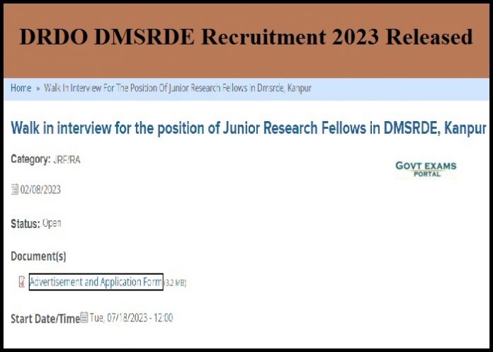 DRDO DMSRDE Recruitment 2023 Released – JRF Notification| Post Graduation needed!!!