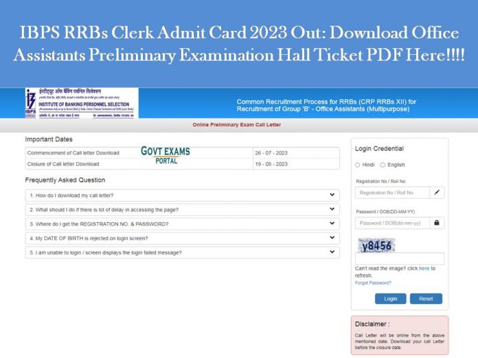 IBPS RRBs Clerk Admit Card 2023 Out: Download Office Assistants Preliminary Examination Hall Ticket PDF Here!!!!