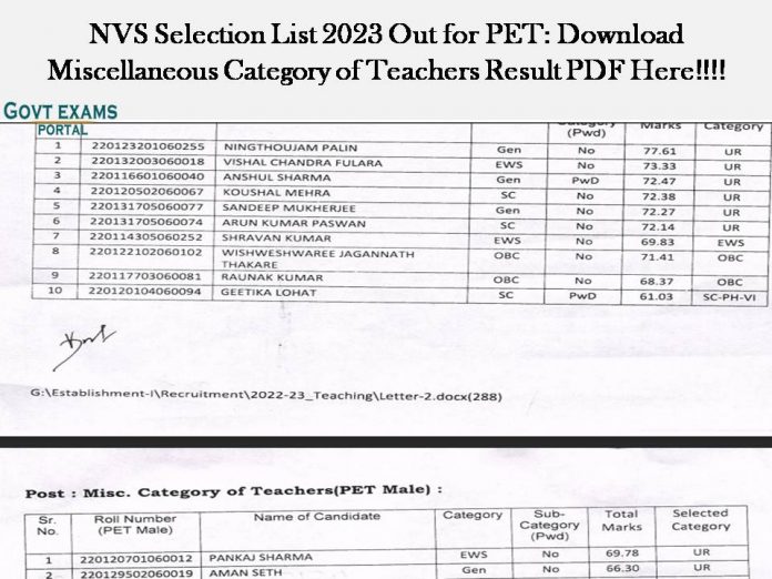 NVS Selection List 2023 Out for PET: Download Miscellaneous Category of Teachers Result PDF Here!!!!