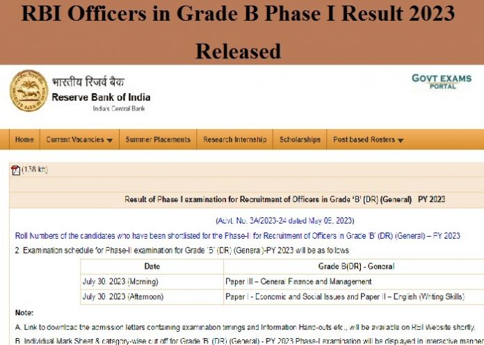 RBI Officers in Grade B Phase I Result 2023 Released –Download Shortlisted Candidates Details Here!!!