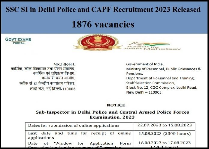 SSC SI in Delhi Police and CAPF Recruitment 2023 Released – 1876 vacancies| Check Eligibility and