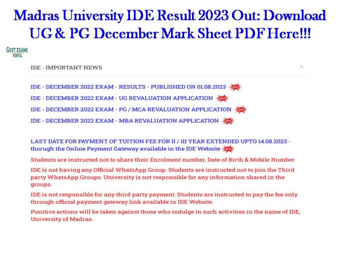 Madras University IDE Result 2023 Out: Download UG & PG December Mark Sheet PDF Here!!!